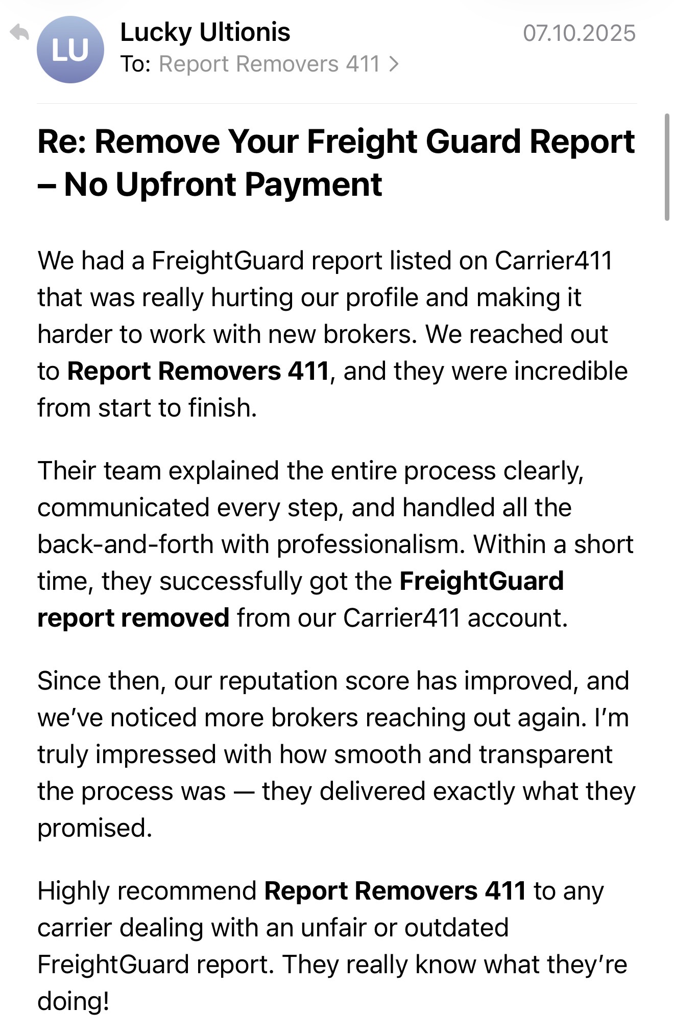 Client review - FreightGuard report successfully removed