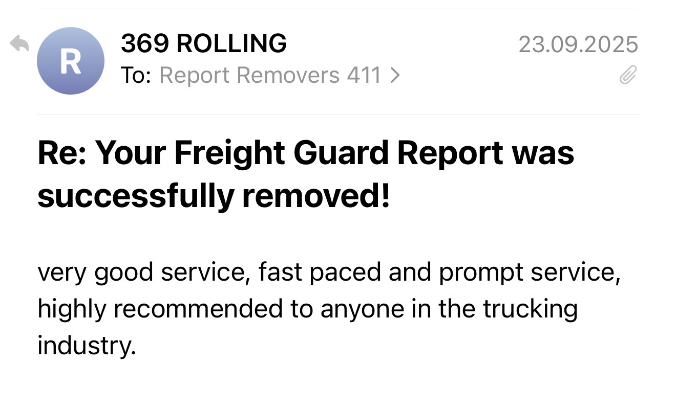 369 Rolling client review after Freight Guard report removal service